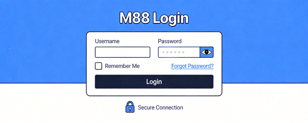 Ilustrasi antarmuka halaman login M88 yang aman dengan form username dan password