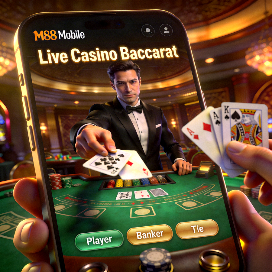 Animasi pengalaman bermain Live Casino Baccarat langsung di aplikasi M88 Mobile dengan dealer sungguhan