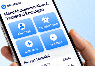 Menu manajemen akun dan transaksi keuangan di aplikasi M88 Mobile yang terorganisir rapi