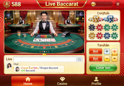 Screenshot permainan Live Baccarat di M88 Mobile dengan chat live dan kontrol taruhan